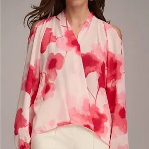 Donna Karan Pink and Red Asymmetrical Blouse with Mandarin Collar